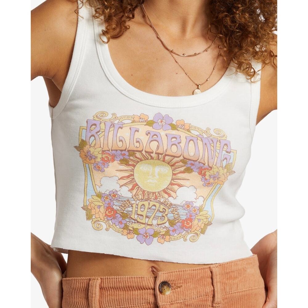 Billabong Ray of Sunshine White Graphic Cropped Cotton Tank Top Size M